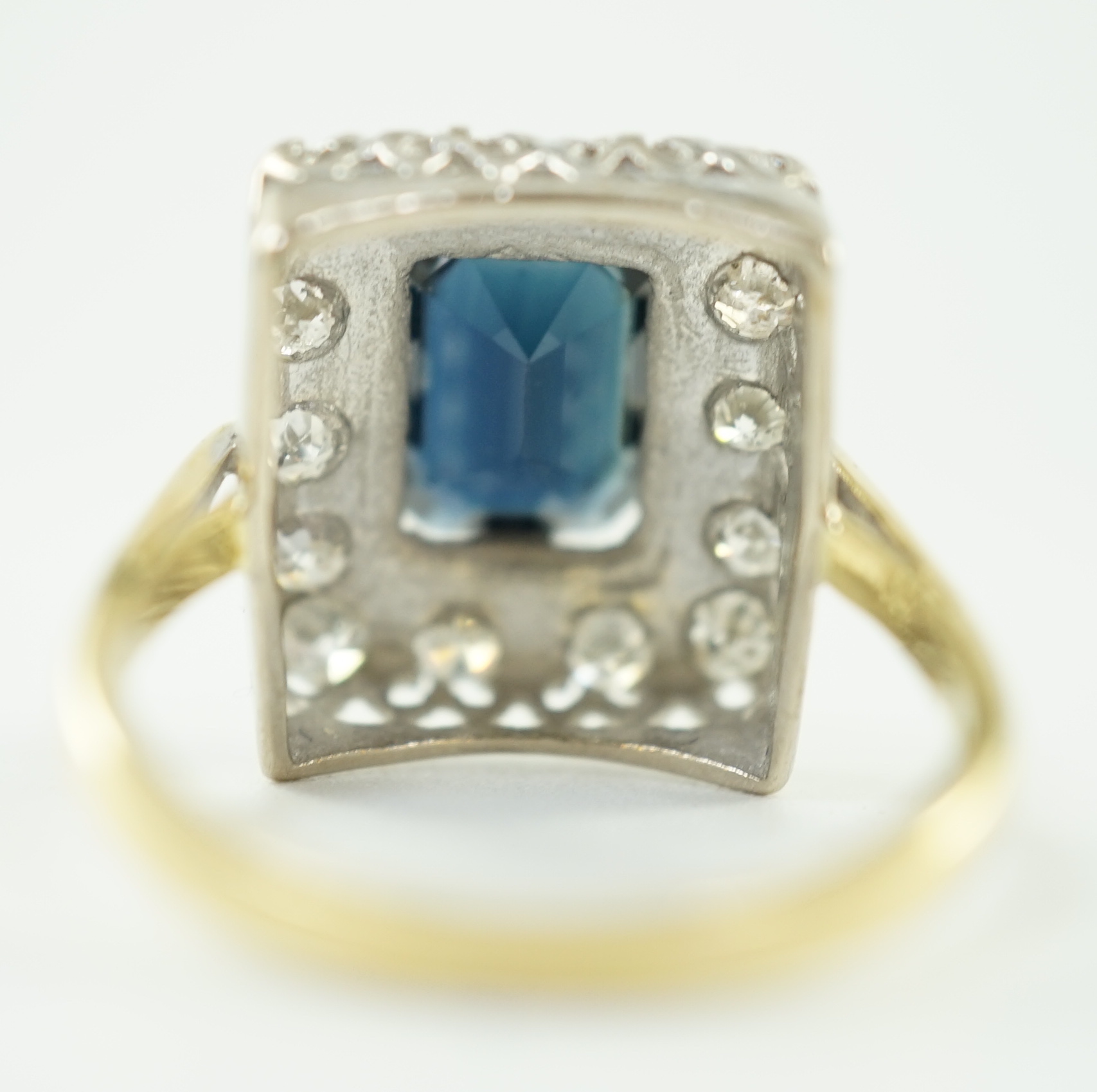 A modern 18ct gold, sapphire and diamond set rectangular cluster ring